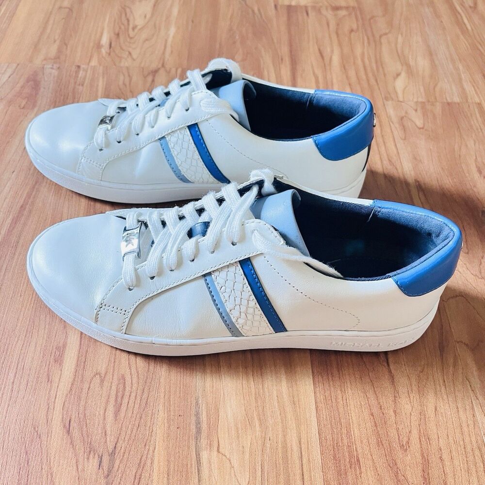 Michael Kors Irving Stripe Lace Up Women’sWhite/Vintage Blue Leather Sneakers 8M